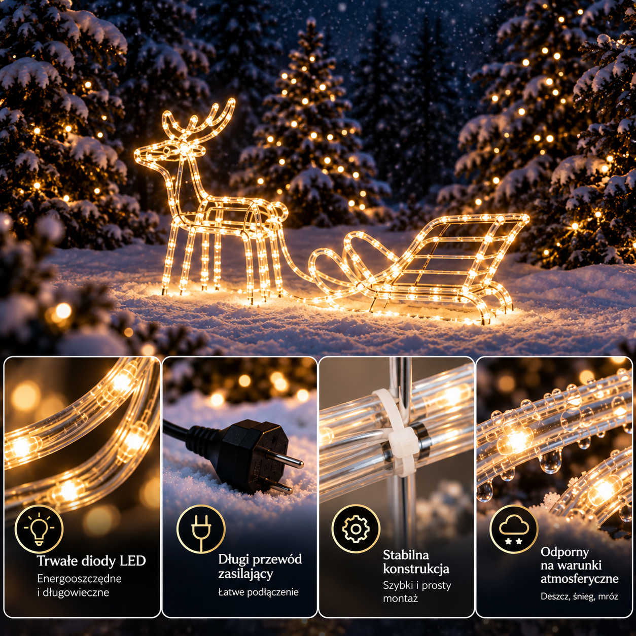 Renifer z saniami LED w zimowej scenerii